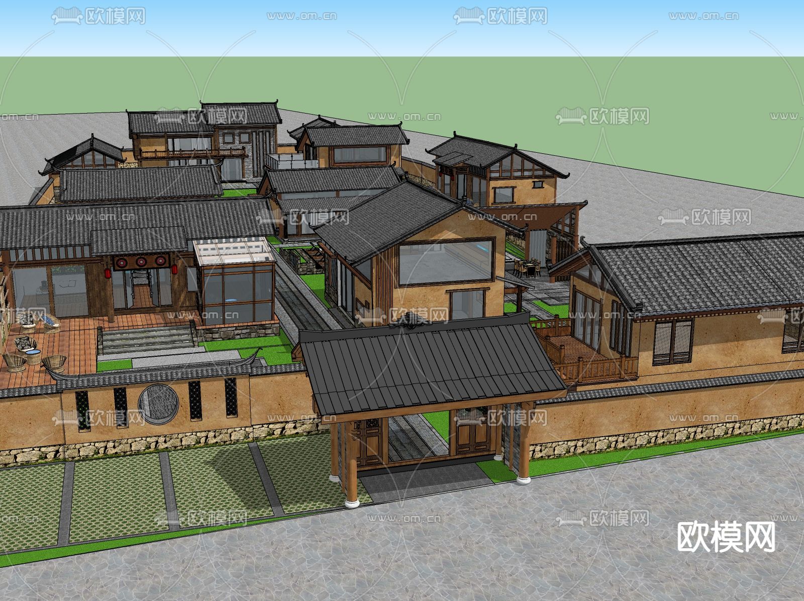 中式古建民宿外观su模型下载（渲染图3）