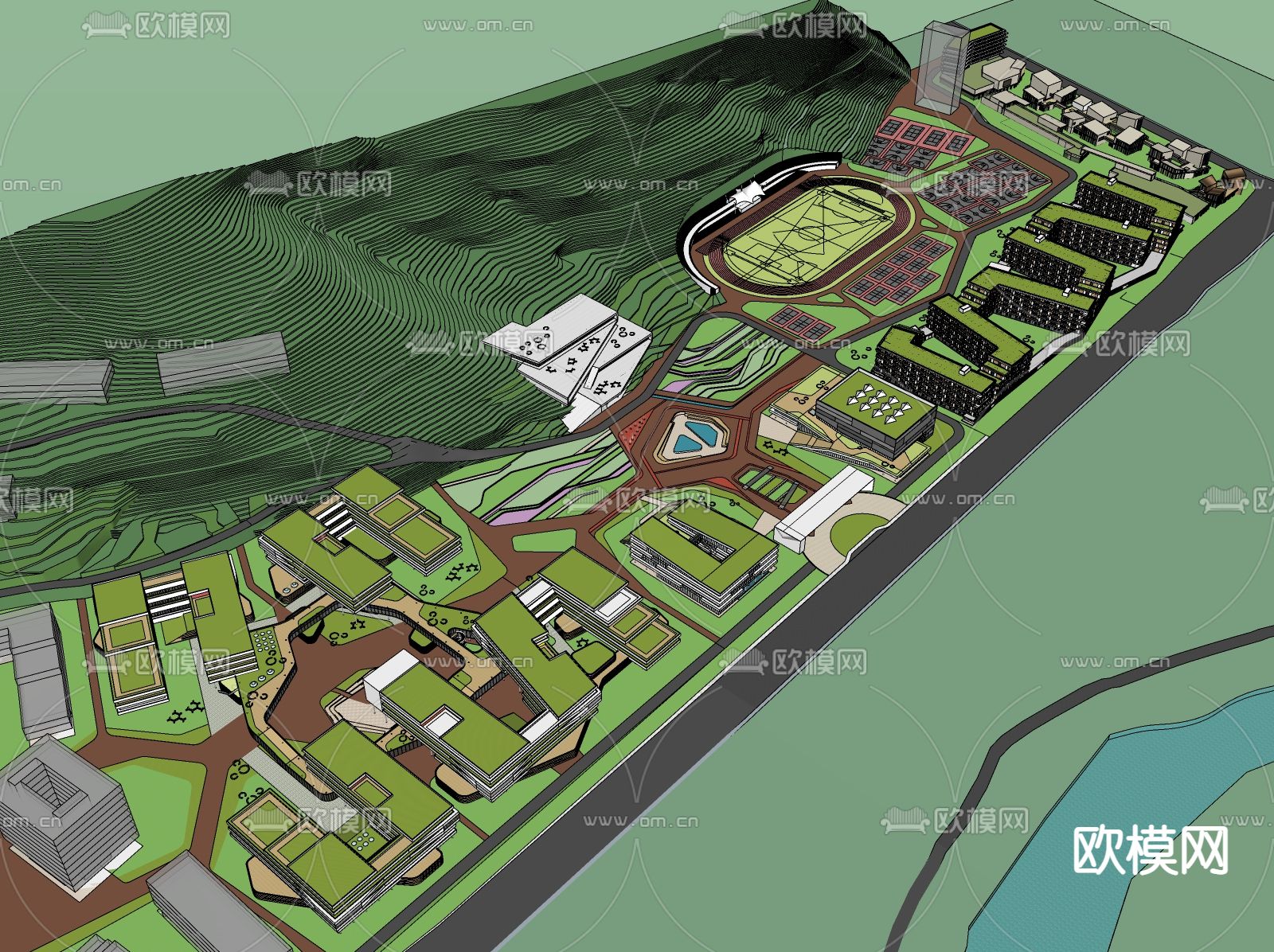 现代文教山地中学校鸟瞰su模型下载（渲染图1）