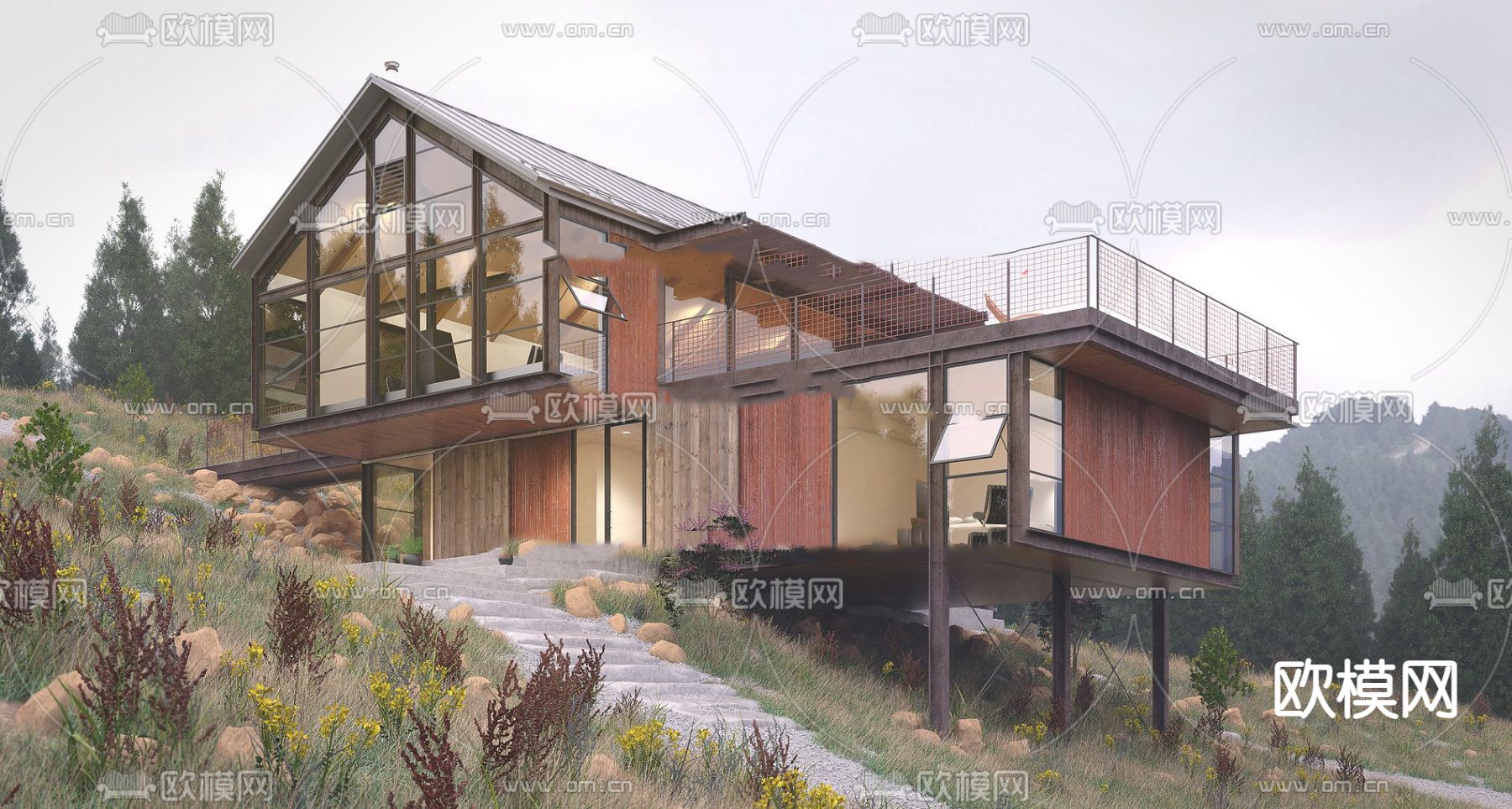 现代民宿山间别墅外观su模型下载（渲染图1）