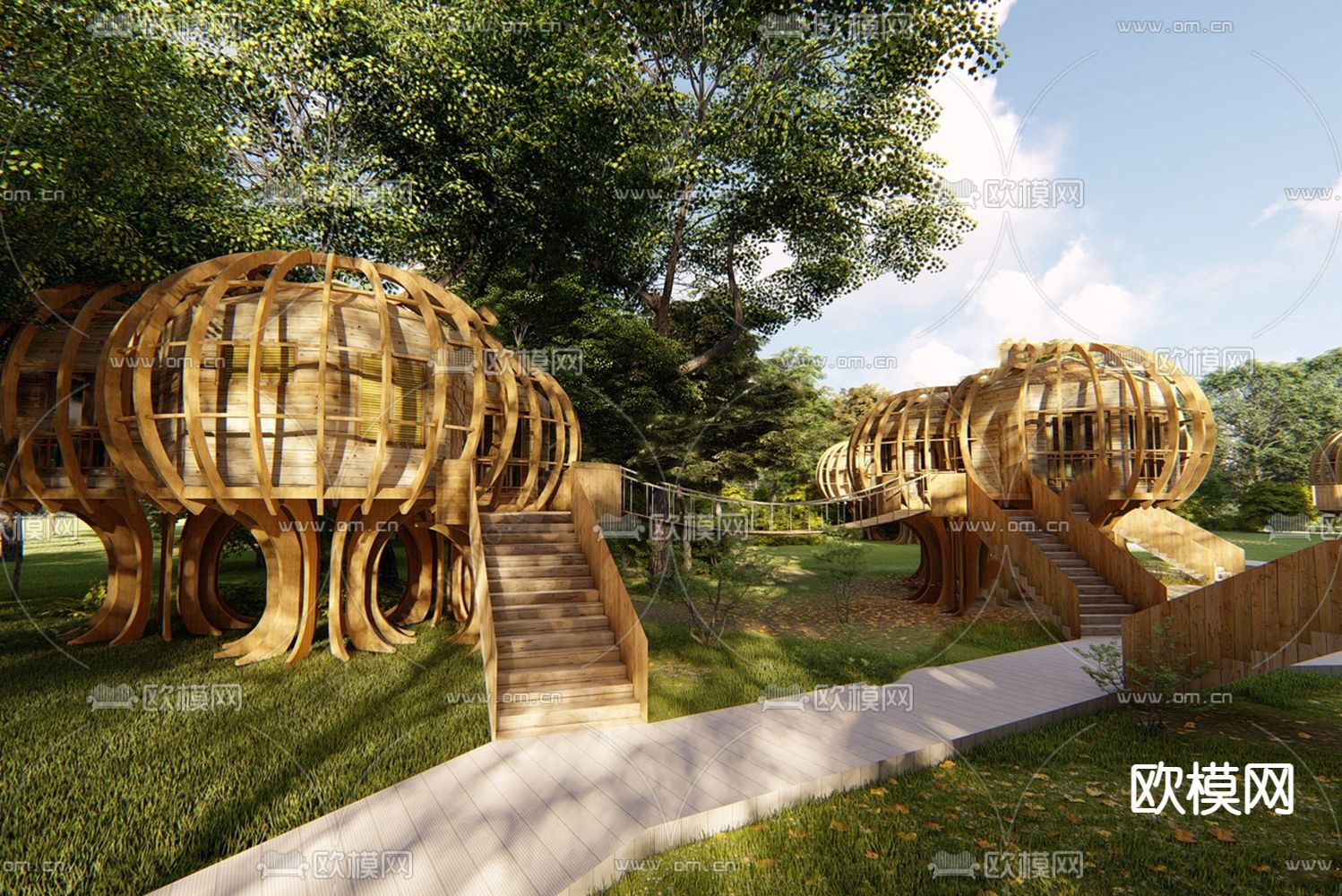 自然风巢居民宿木屋树屋su模型下载（渲染图1）