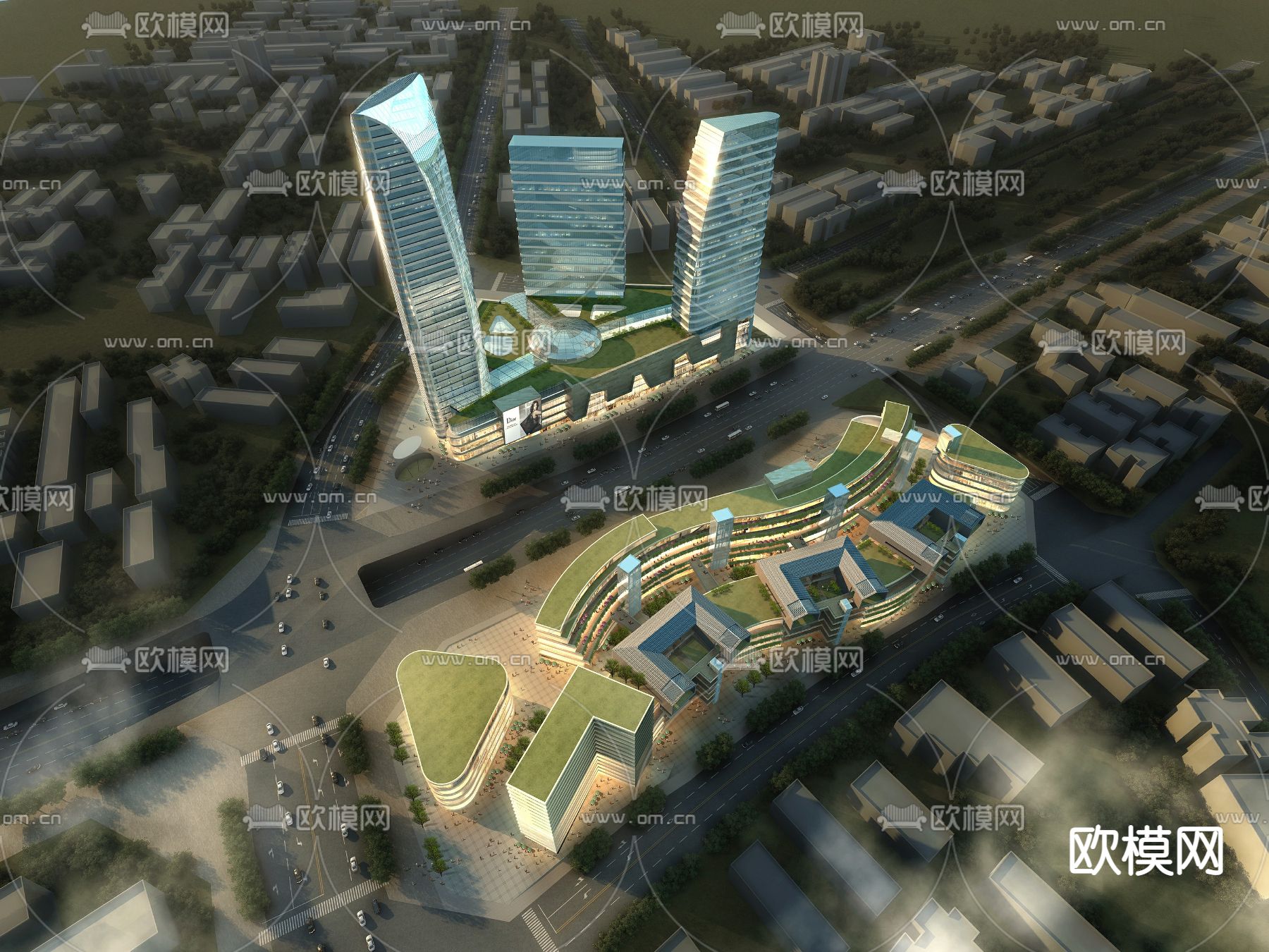 现代高层商业办公楼鸟瞰su模型下载（渲染图1）