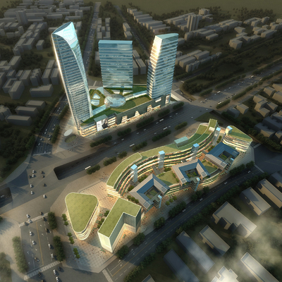  现代高层商业办公楼鸟瞰su模型 