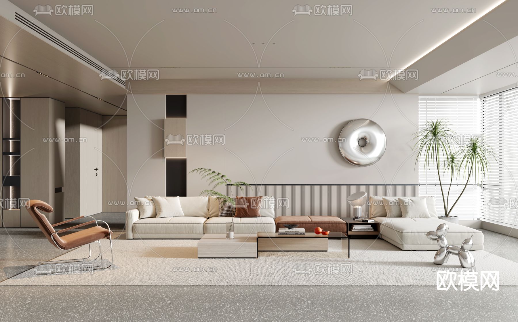 现代奶油风极简客厅3d模型下载（渲染图1）