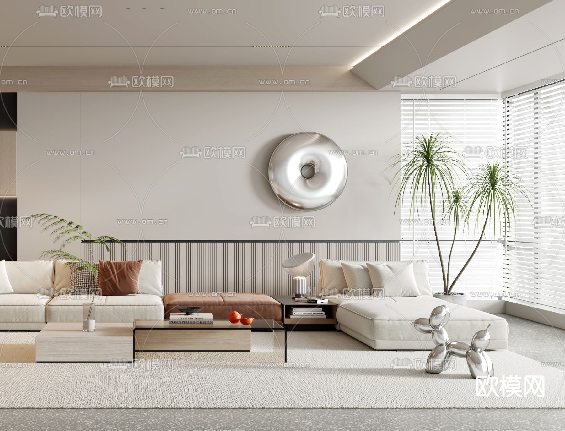 现代奶油风极简客厅3d模型下载（渲染图3）