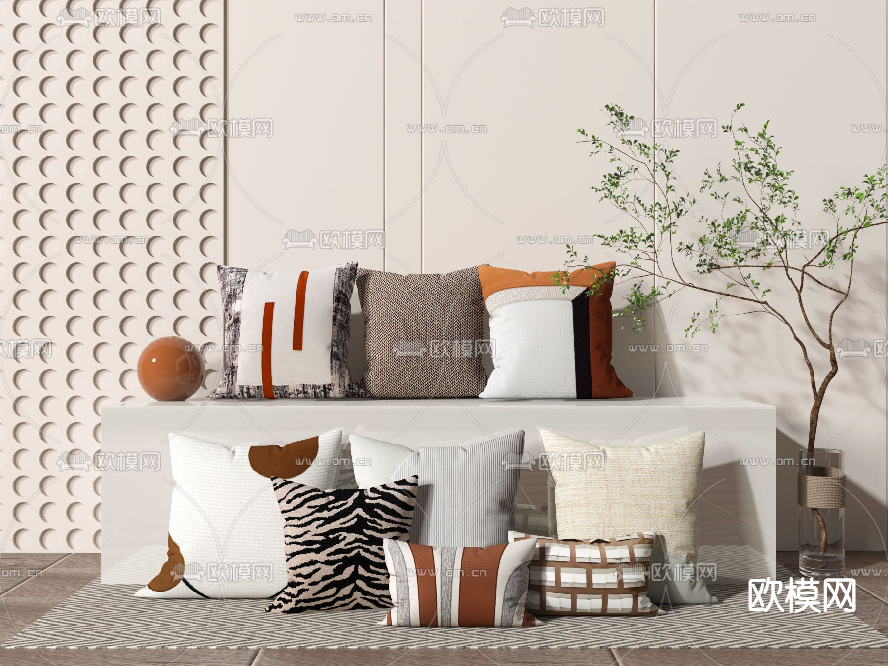 现代橙色布艺抱枕组合3d模型下载