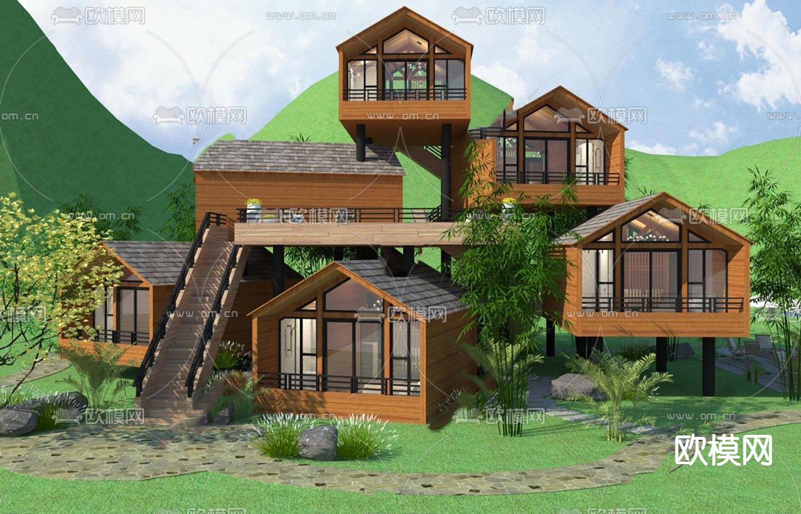现代民宿木屋树屋别墅外观su模型下载（渲染图3）