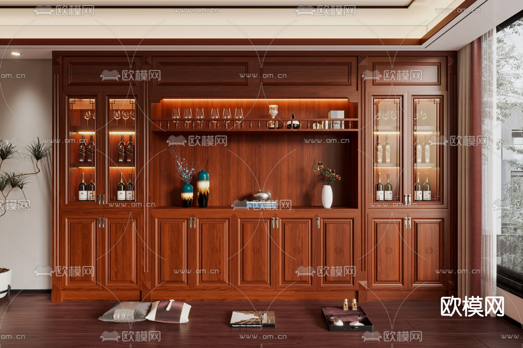 新中式红木多功能酒柜su模型下载（渲染图1）