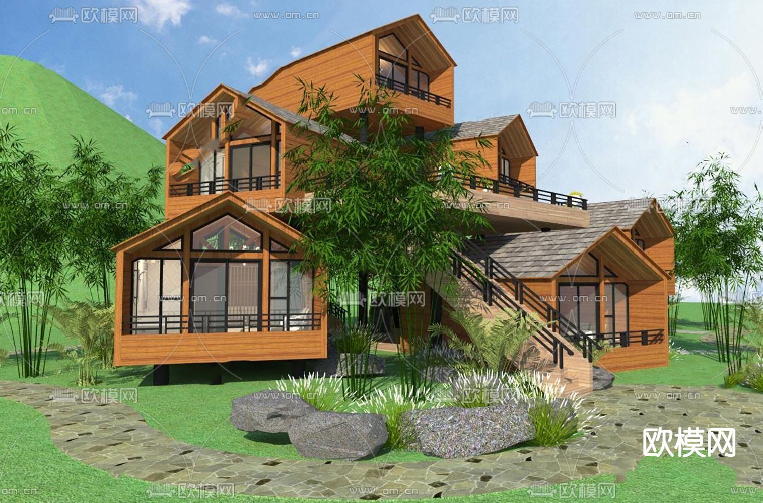 现代民宿木屋树屋别墅外观su模型下载（渲染图1）