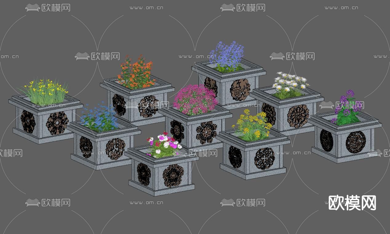 中式花池花坛树池su模型下载（渲染图2）