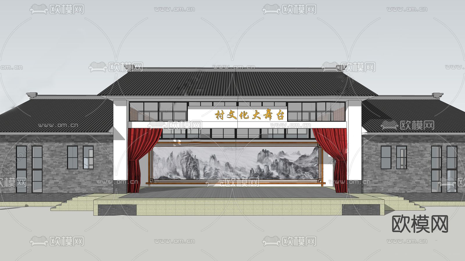 中式乡村戏台社区活动中心su模型下载（渲染图2）
