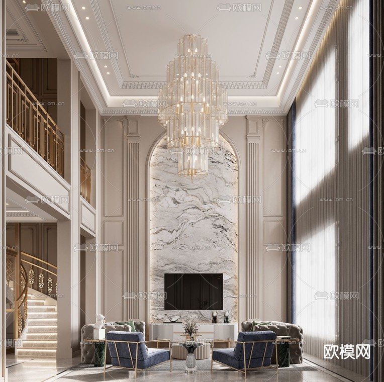 法式轻奢挑空别墅客厅餐厅3d模型下载_ID12037827_3dmax免费模型-欧模网