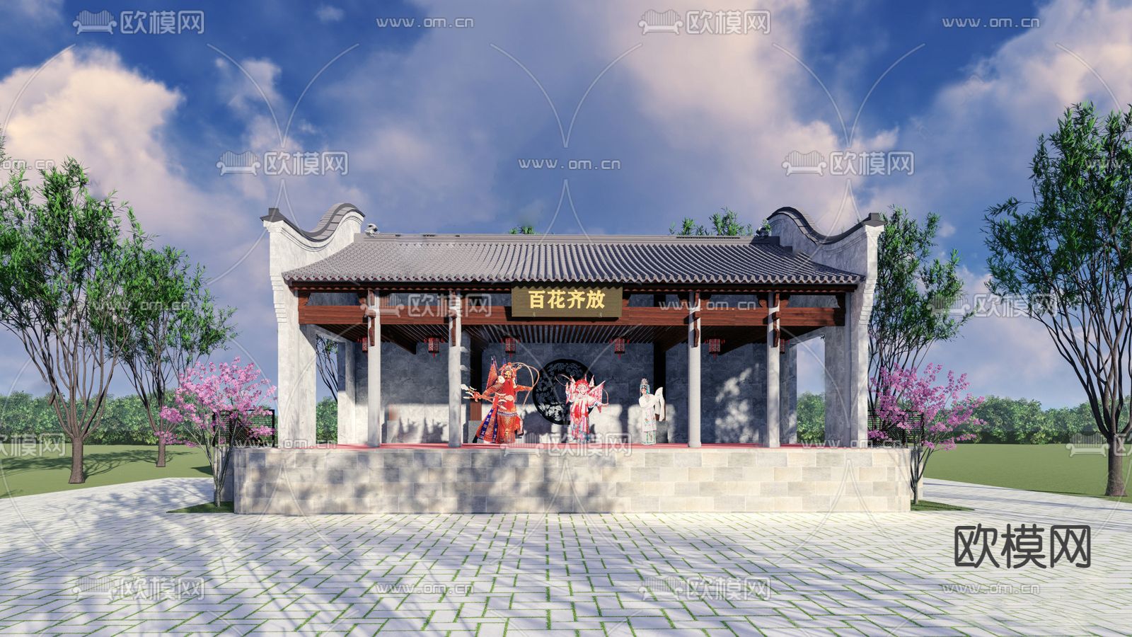 中式戏台古建su模型下载（渲染图1）