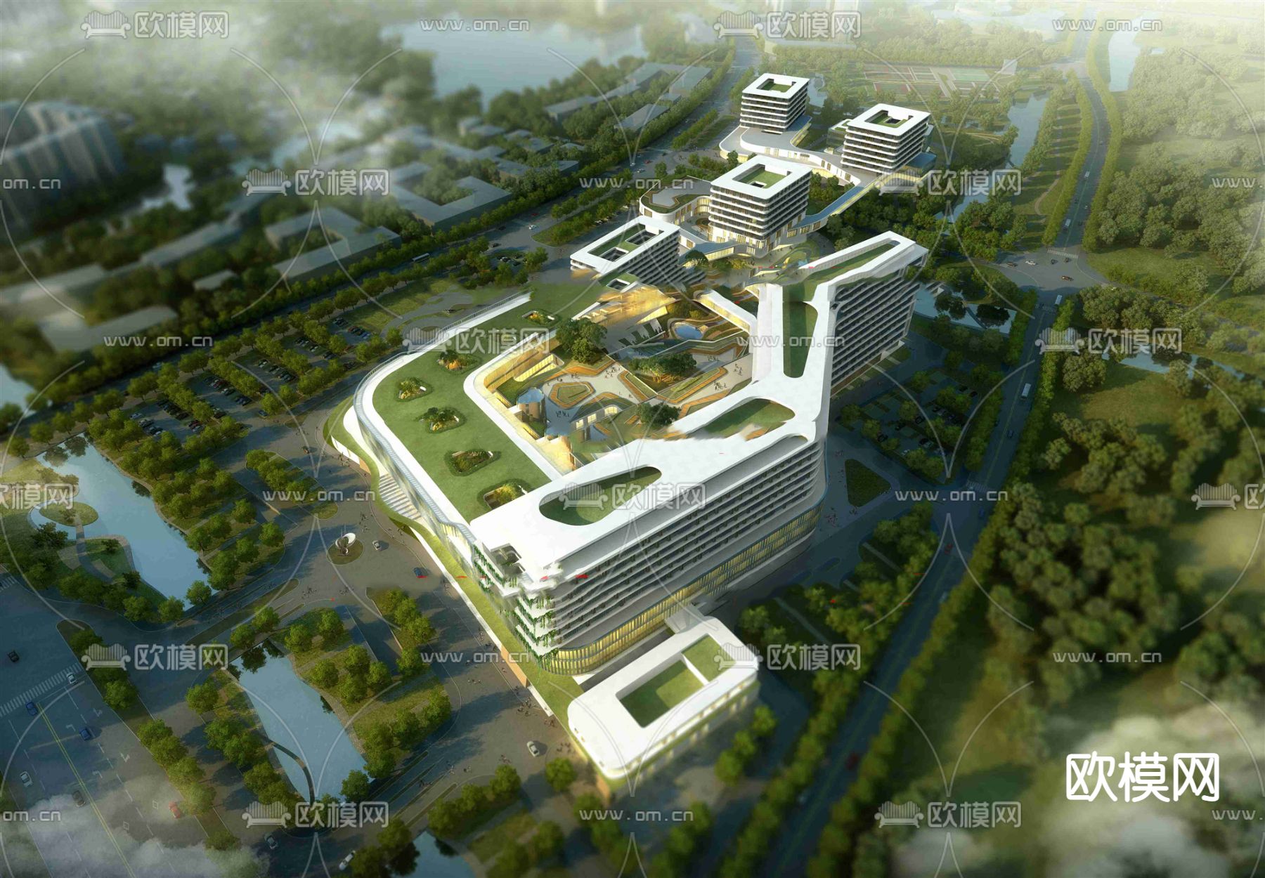 现代医院鸟瞰规划su模型下载（渲染图2）