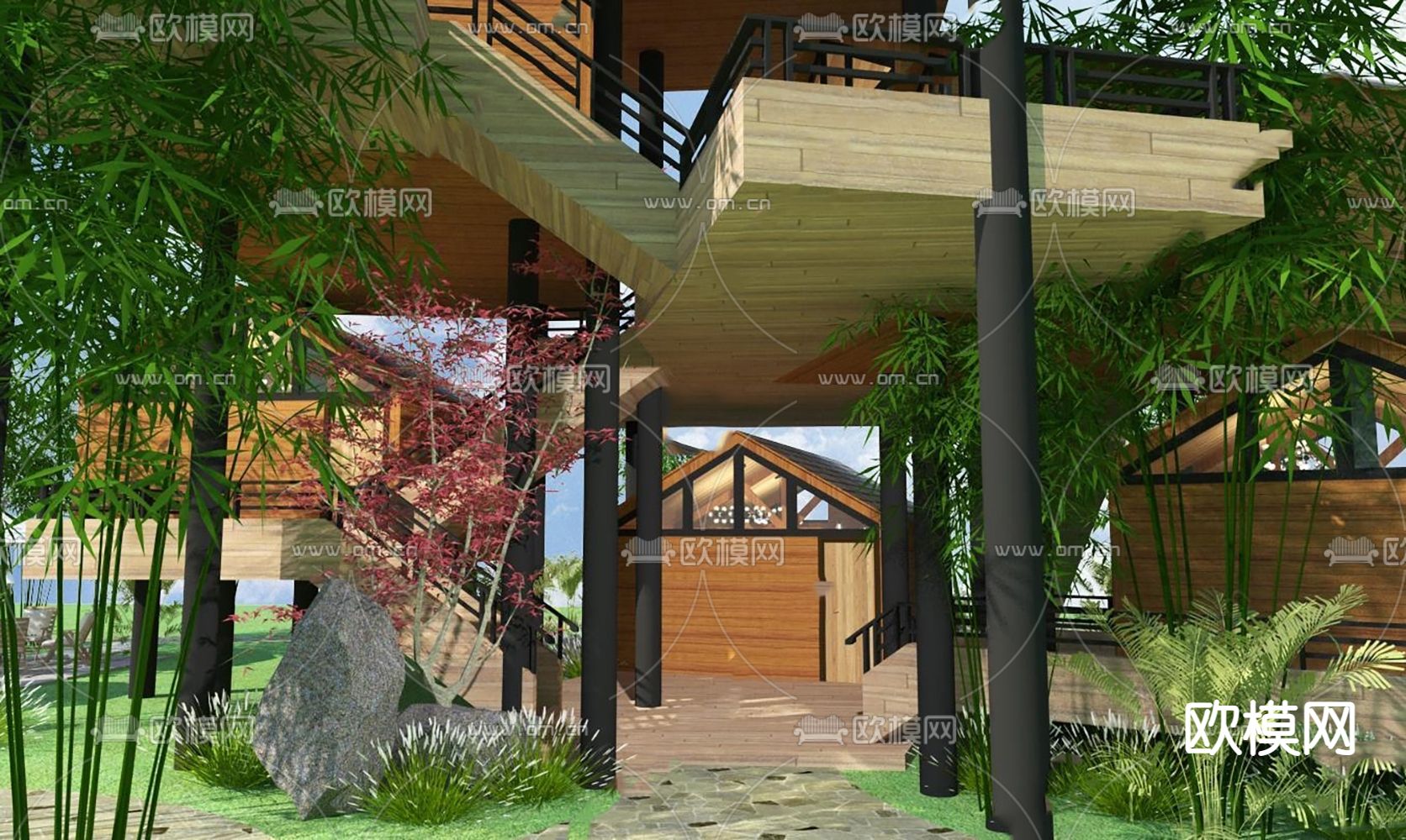 现代民宿木屋树屋别墅外观su模型下载（渲染图4）