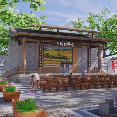  新中式乡村舞台表演su模型 