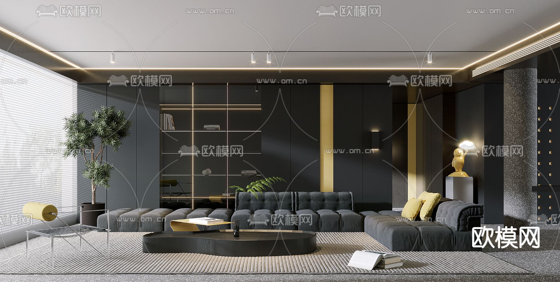 现代高级灰客厅su模型下载（渲染图1）