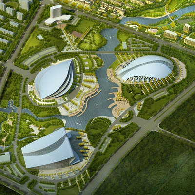  现代文化中心鸟瞰su模型 