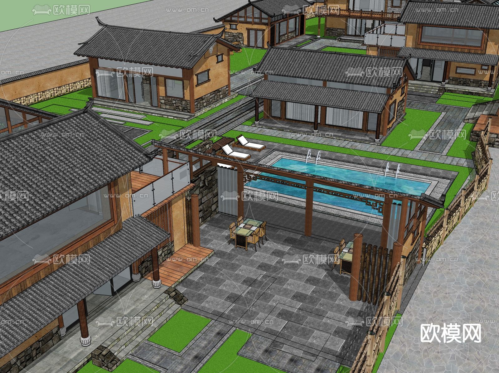 中式古建民宿外观su模型下载（渲染图2）