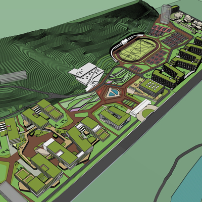  现代文教山地中学校鸟瞰su模型 