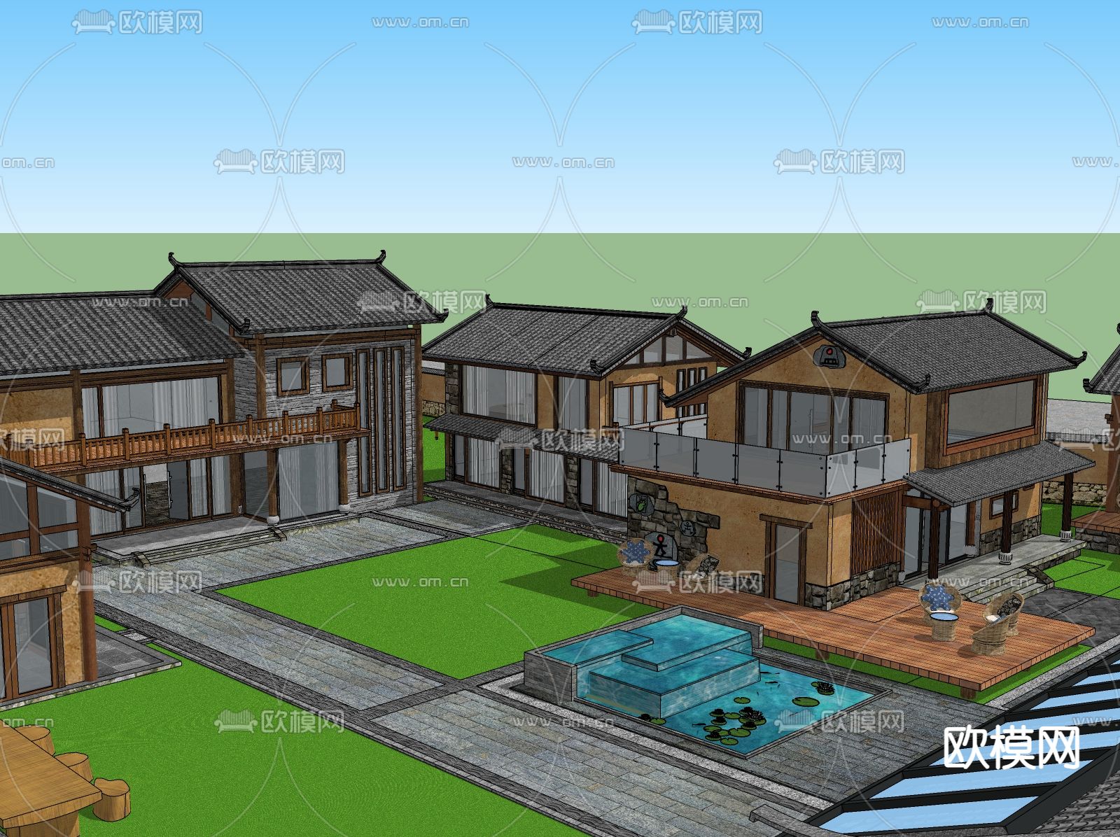 中式古建民宿外观su模型下载（渲染图1）