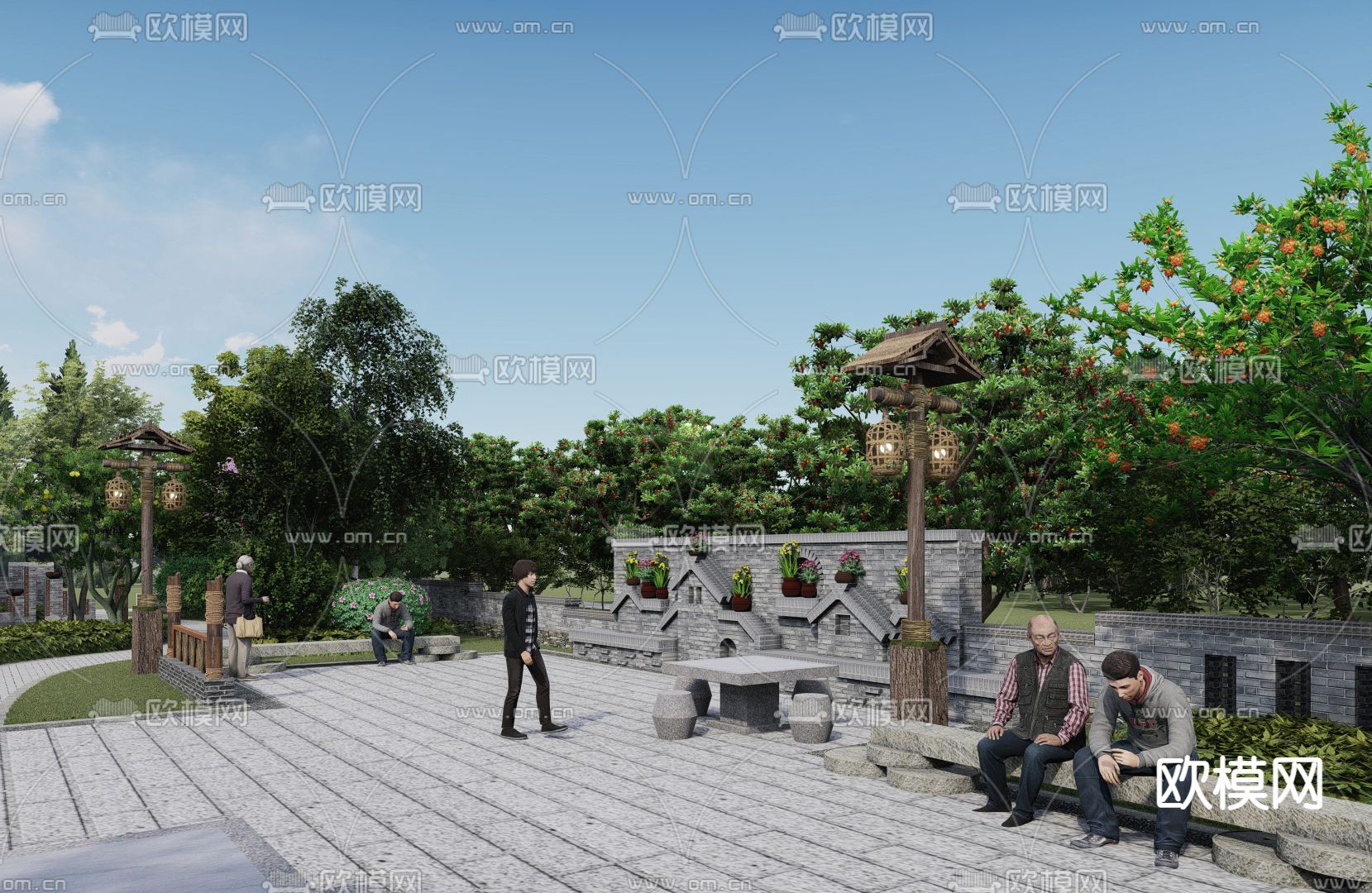 中式农耕公园景观su模型下载（渲染图1）