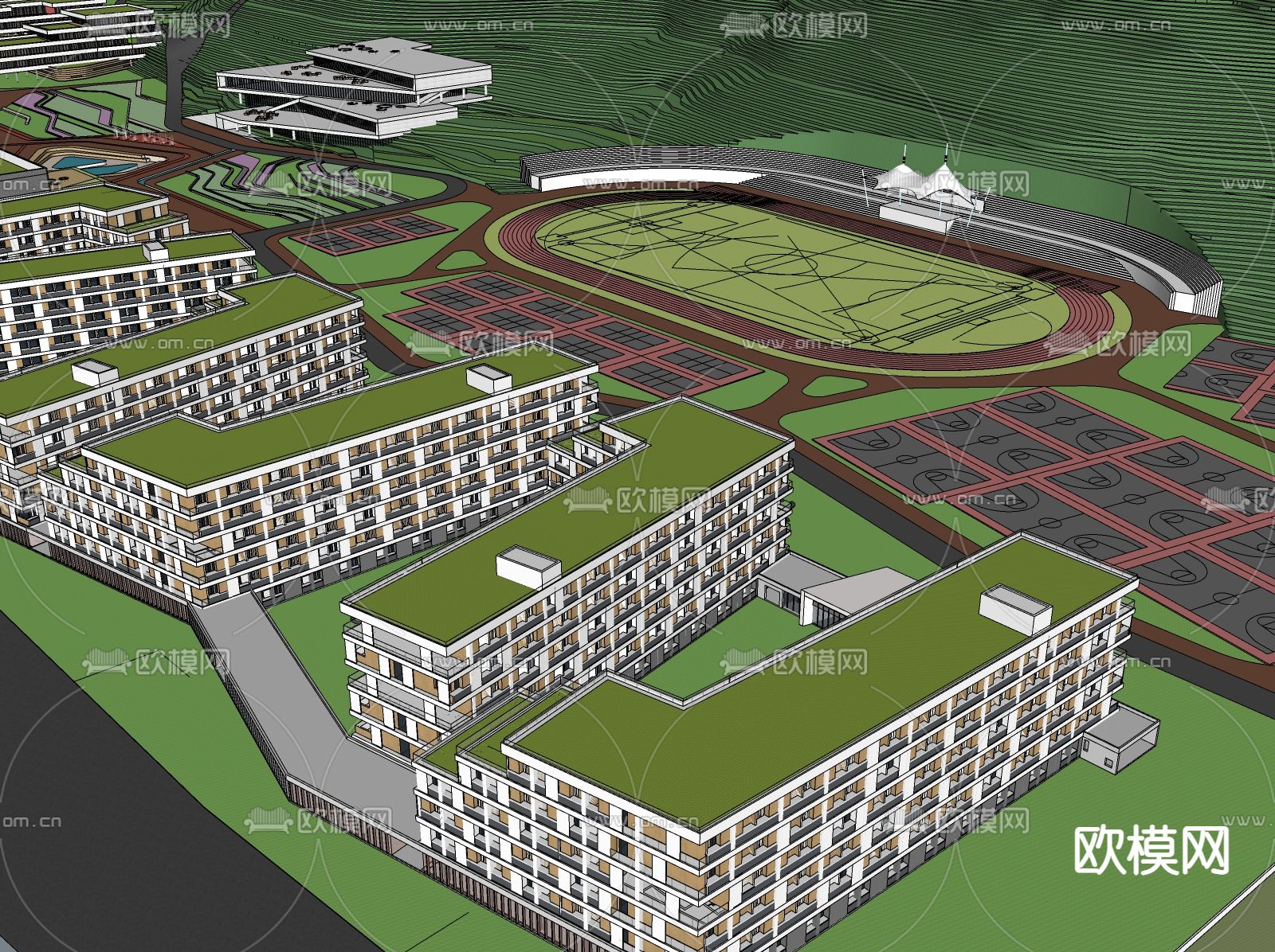 现代文教山地中学校鸟瞰su模型下载（渲染图2）