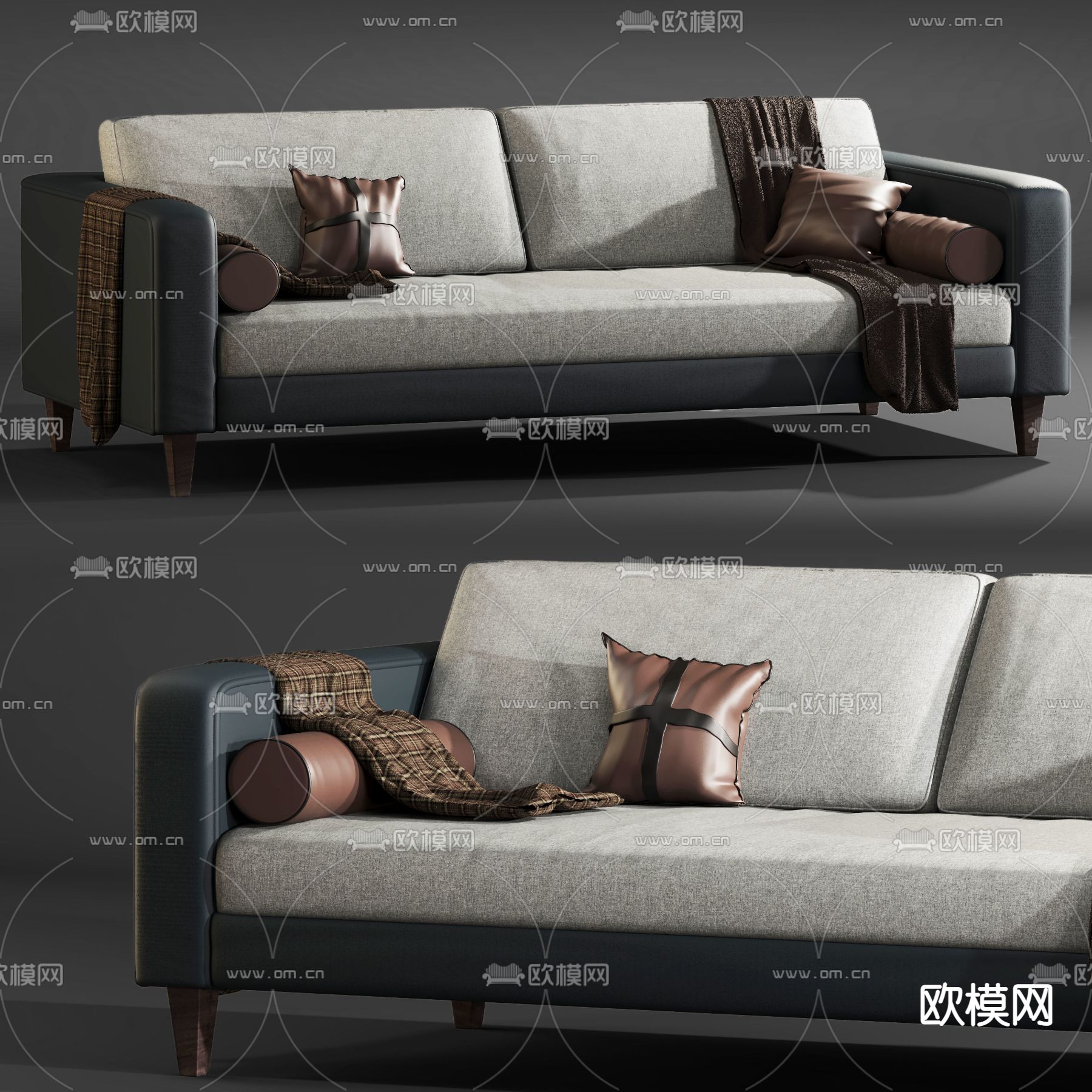 现代简约实木皮革布艺双人沙发免费3d模型下载