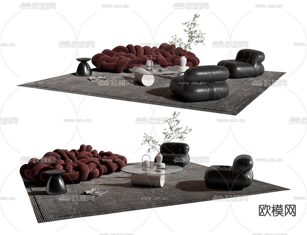 Edra 现代酒红色绒布编织异形沙发茶几组合3d模型下载_ID12037319_3dmax免费模型-欧模网