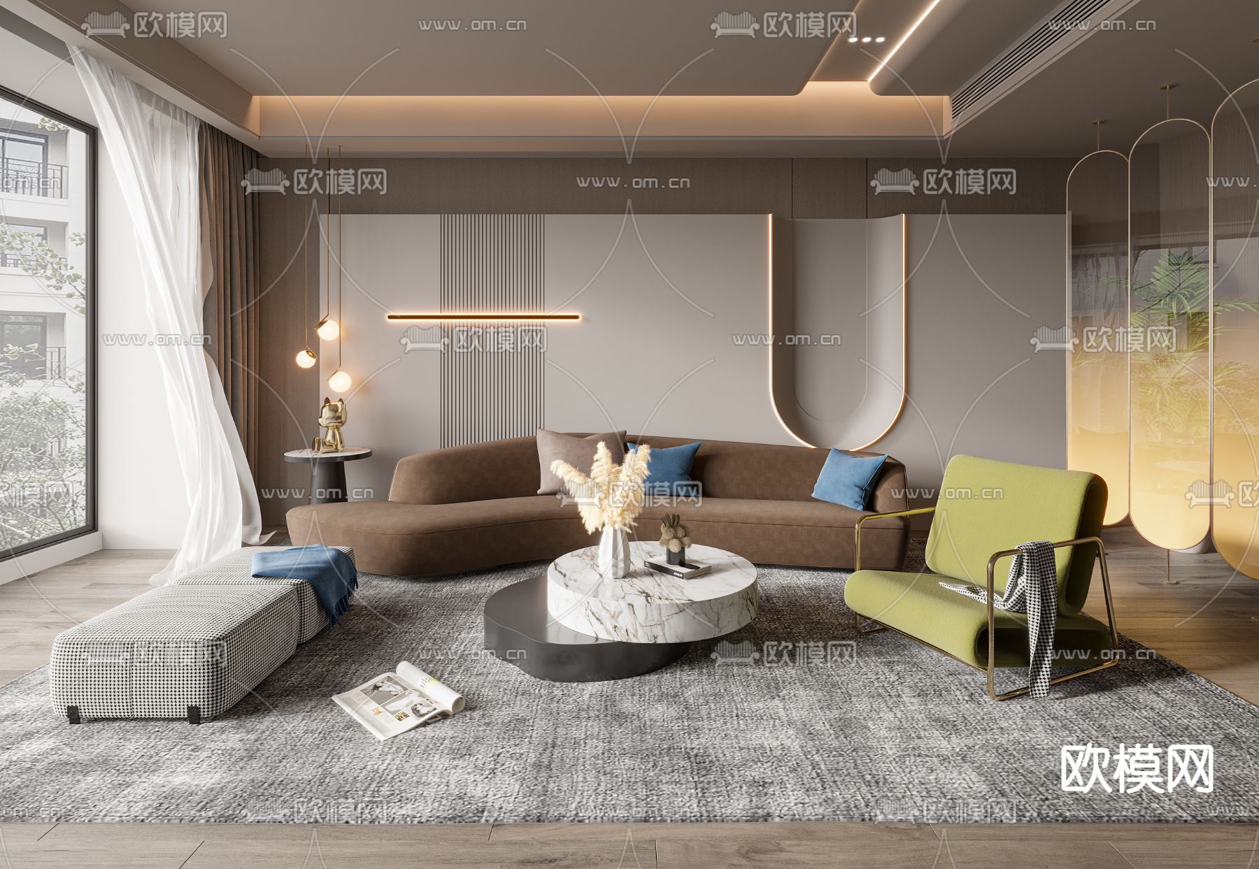 现代棕色布艺弧形组合沙发3d模型下载