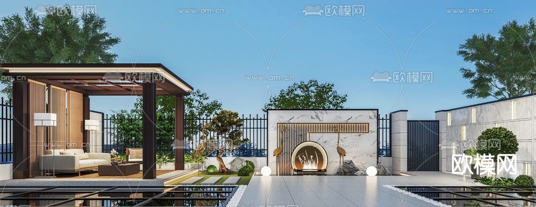 现代轻奢别墅庭院花园3d模型下载_ID12037333_3dmax免费模型-欧模网