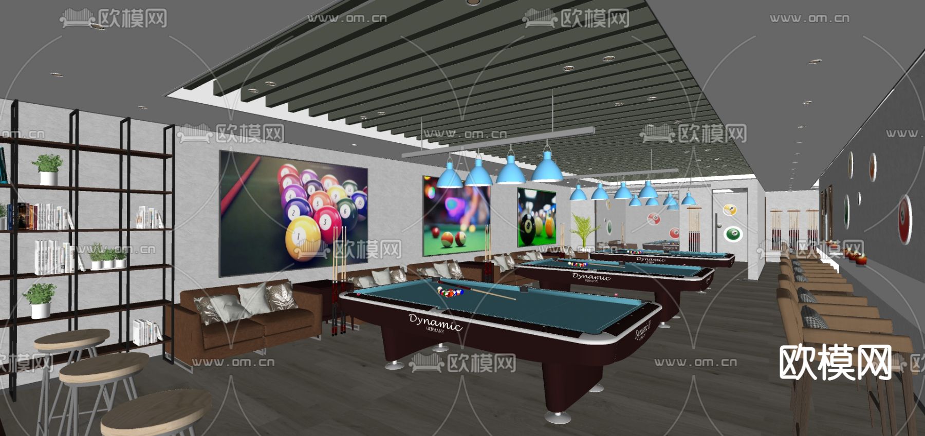 现代台球厅台球室su模型下载