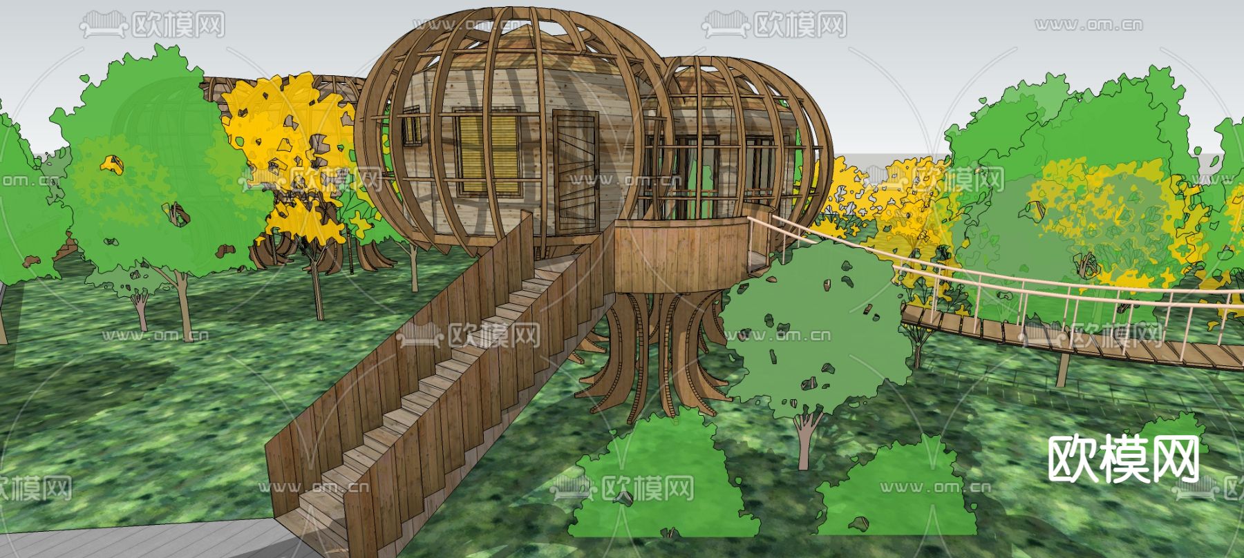 自然风巢居民宿木屋树屋su模型下载（渲染图3）