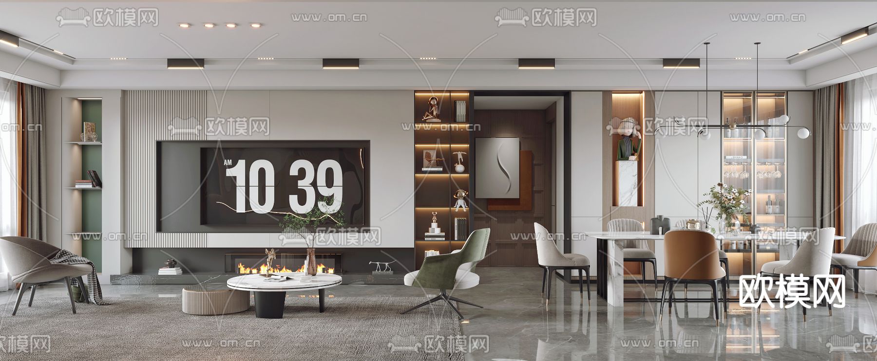 现代轻奢客厅餐厅3d模型