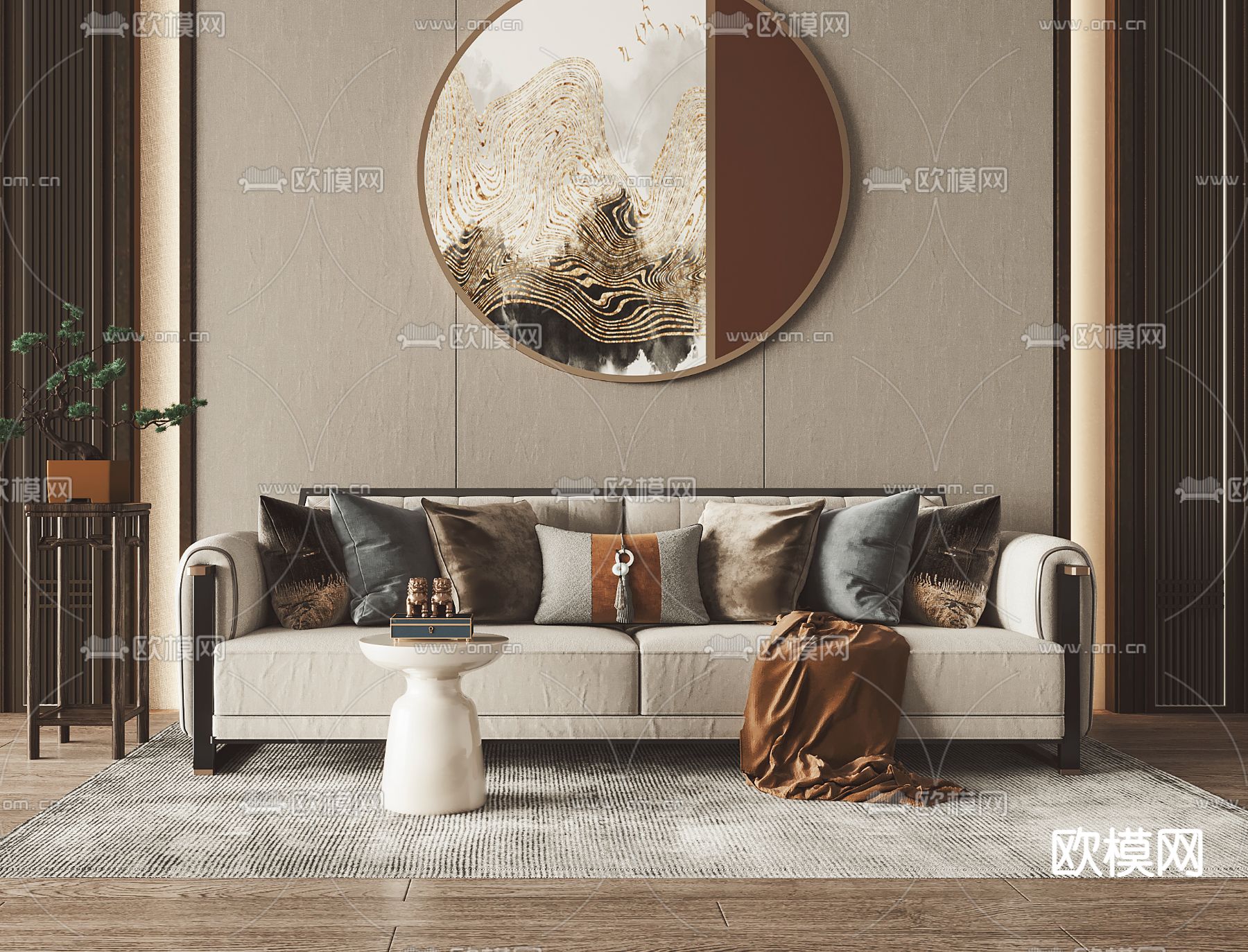 新中式灰色双人沙发3d模型下载