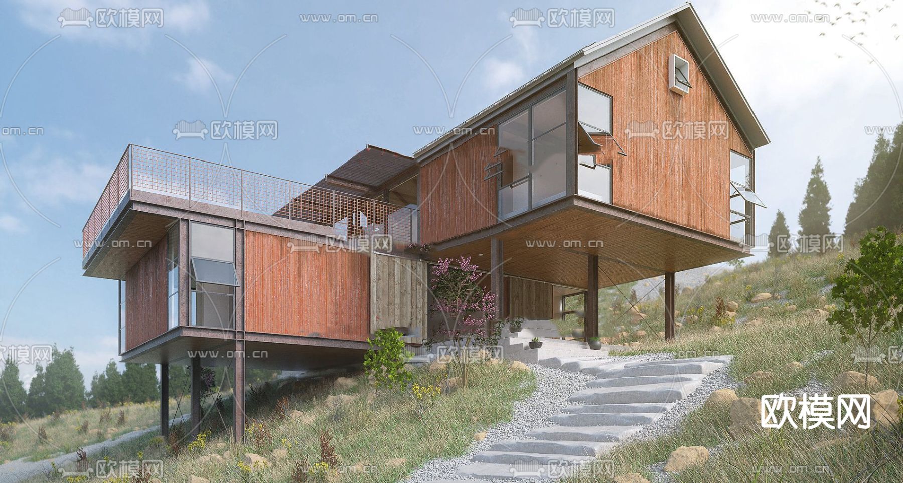 现代民宿山间别墅外观su模型下载（渲染图3）