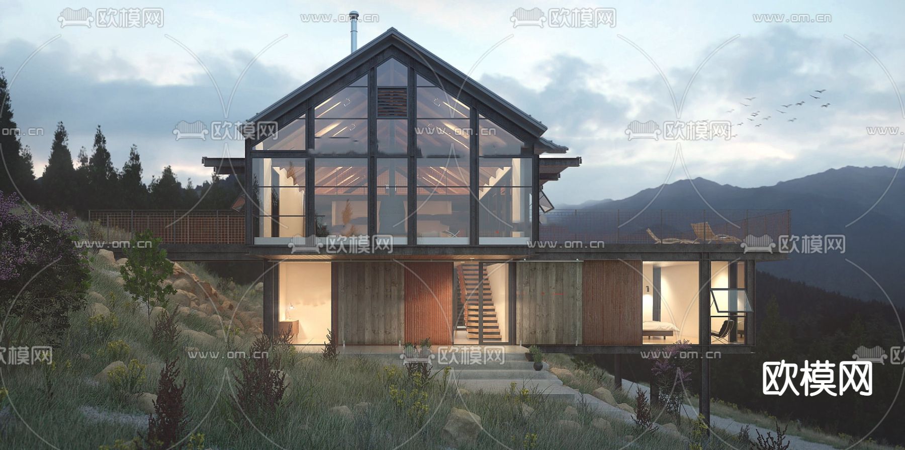 现代民宿山间别墅外观su模型下载（渲染图4）