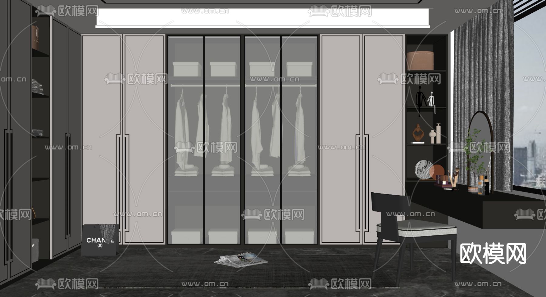 新中式轻奢衣帽间su模型下载（渲染图2）