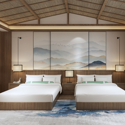  新中式酒店双床客房su模型 