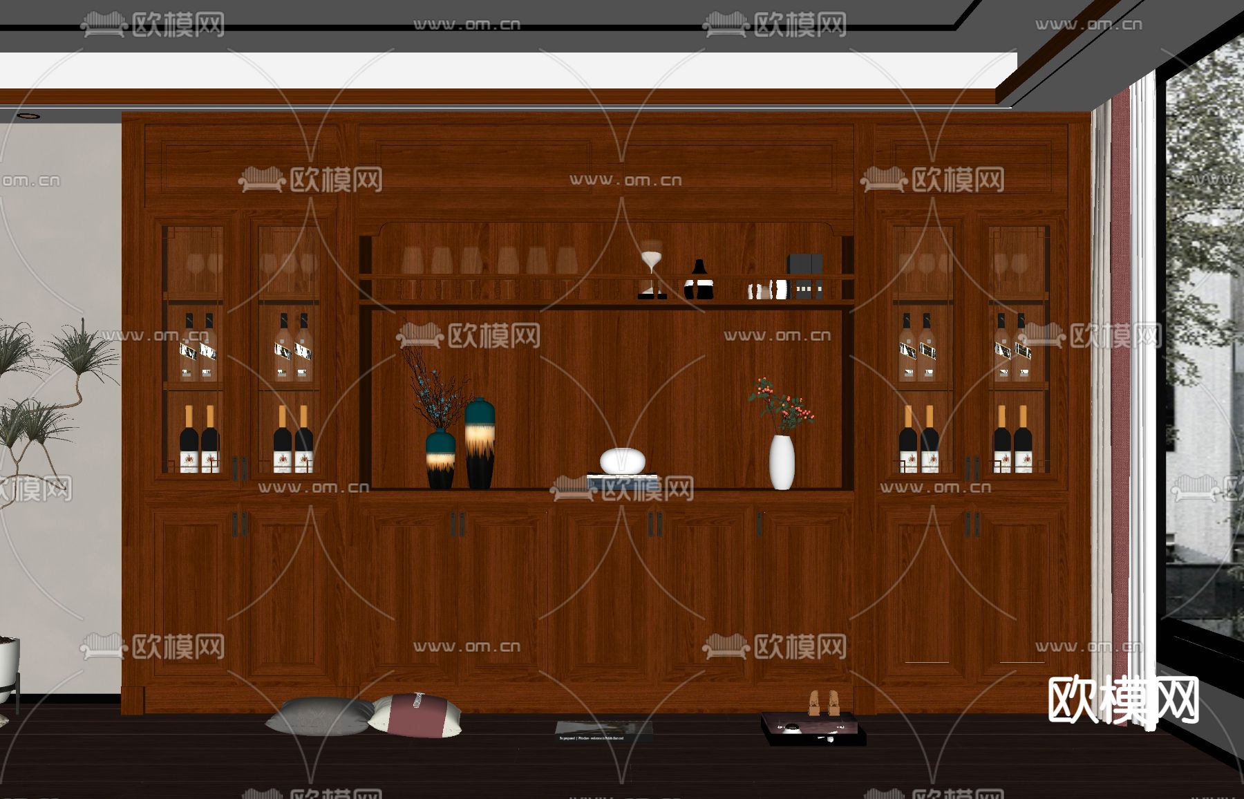 新中式红木多功能酒柜su模型下载（渲染图2）