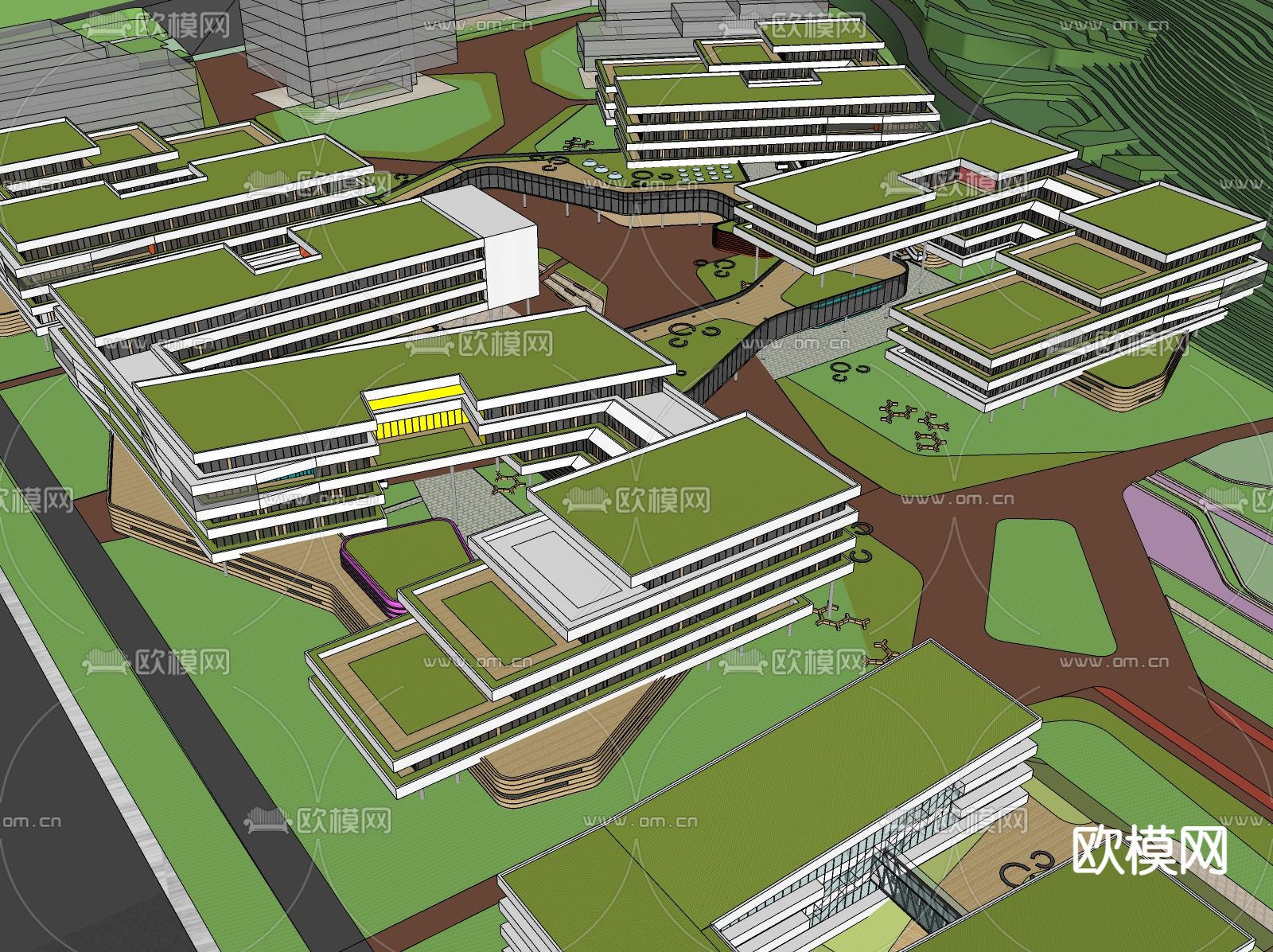 现代文教山地中学校鸟瞰su模型下载（渲染图3）