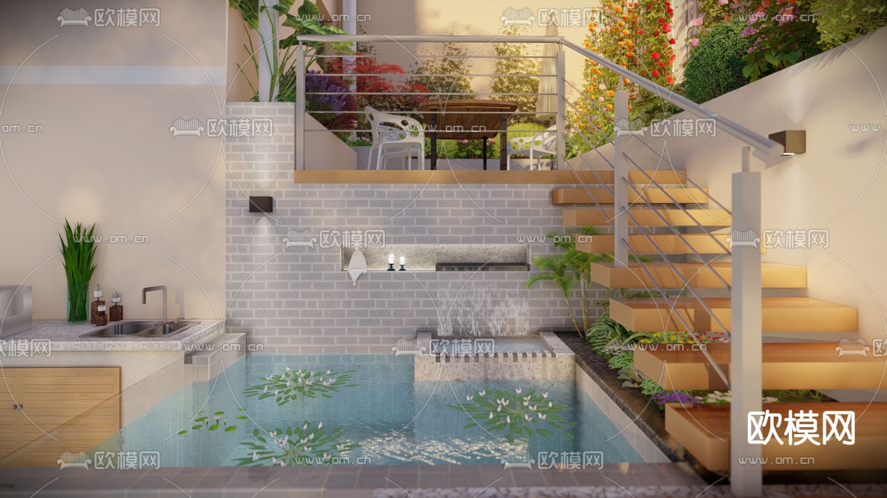 现代跃层阳台花园su模型下载（渲染图3）