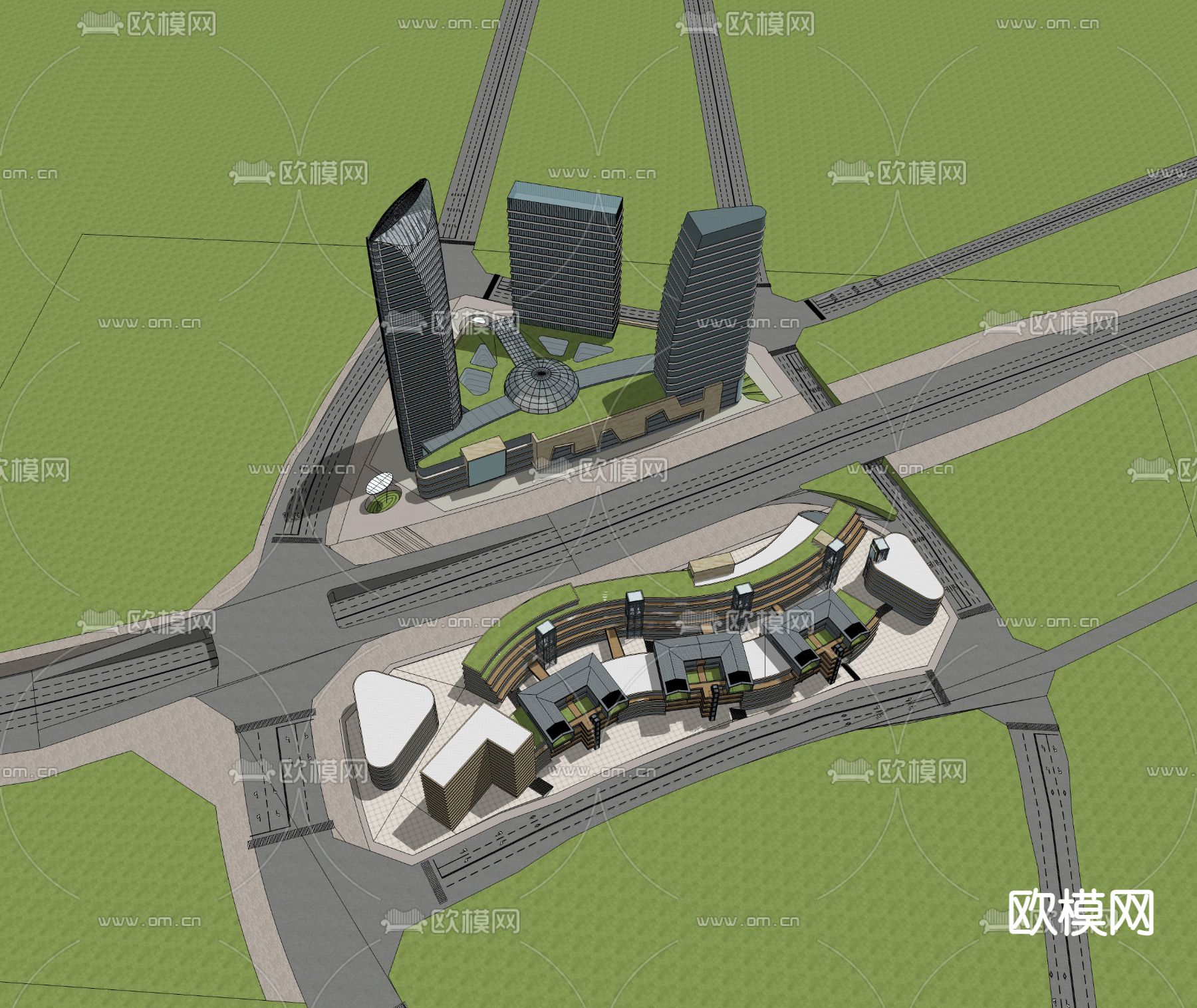 现代高层商业办公楼鸟瞰su模型下载（渲染图2）