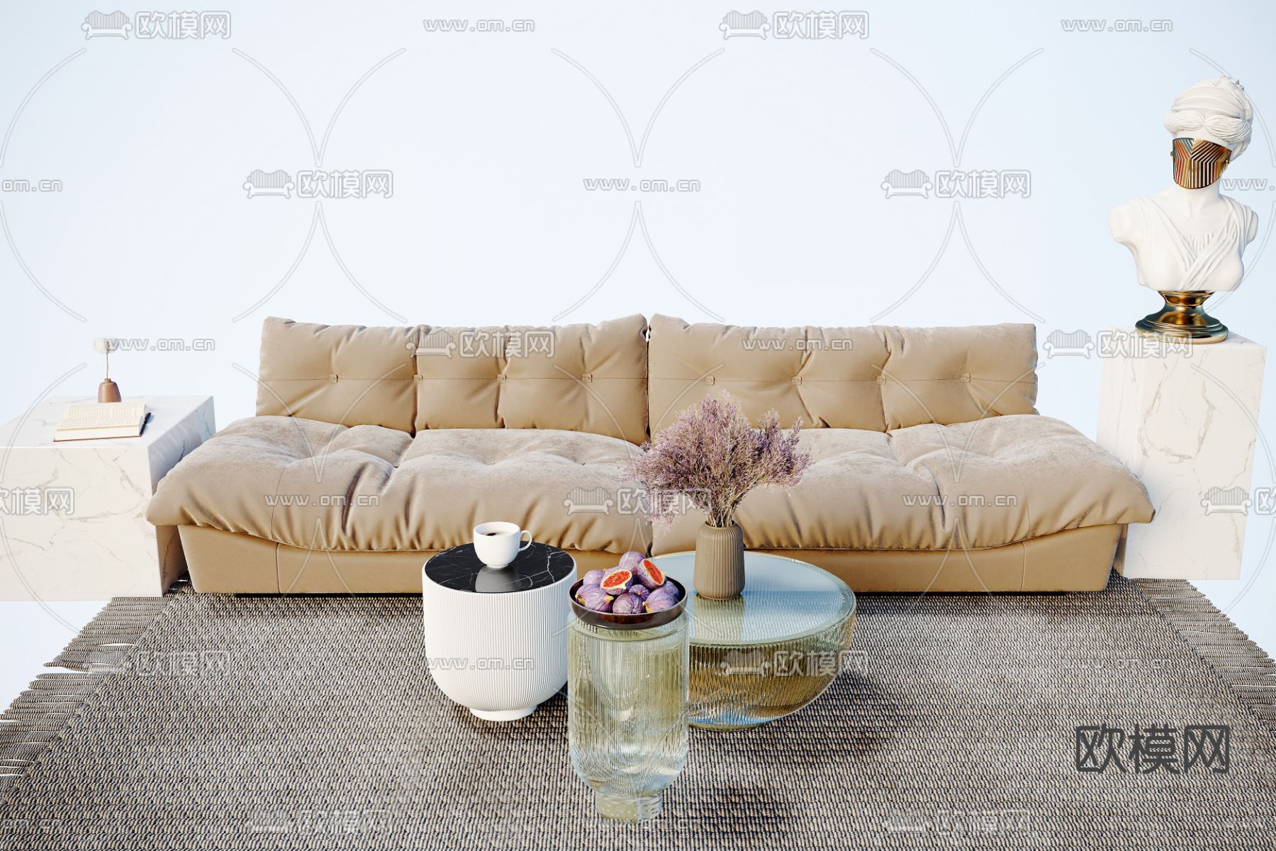 现代米色双人沙发3d模型下载（渲染图1）
