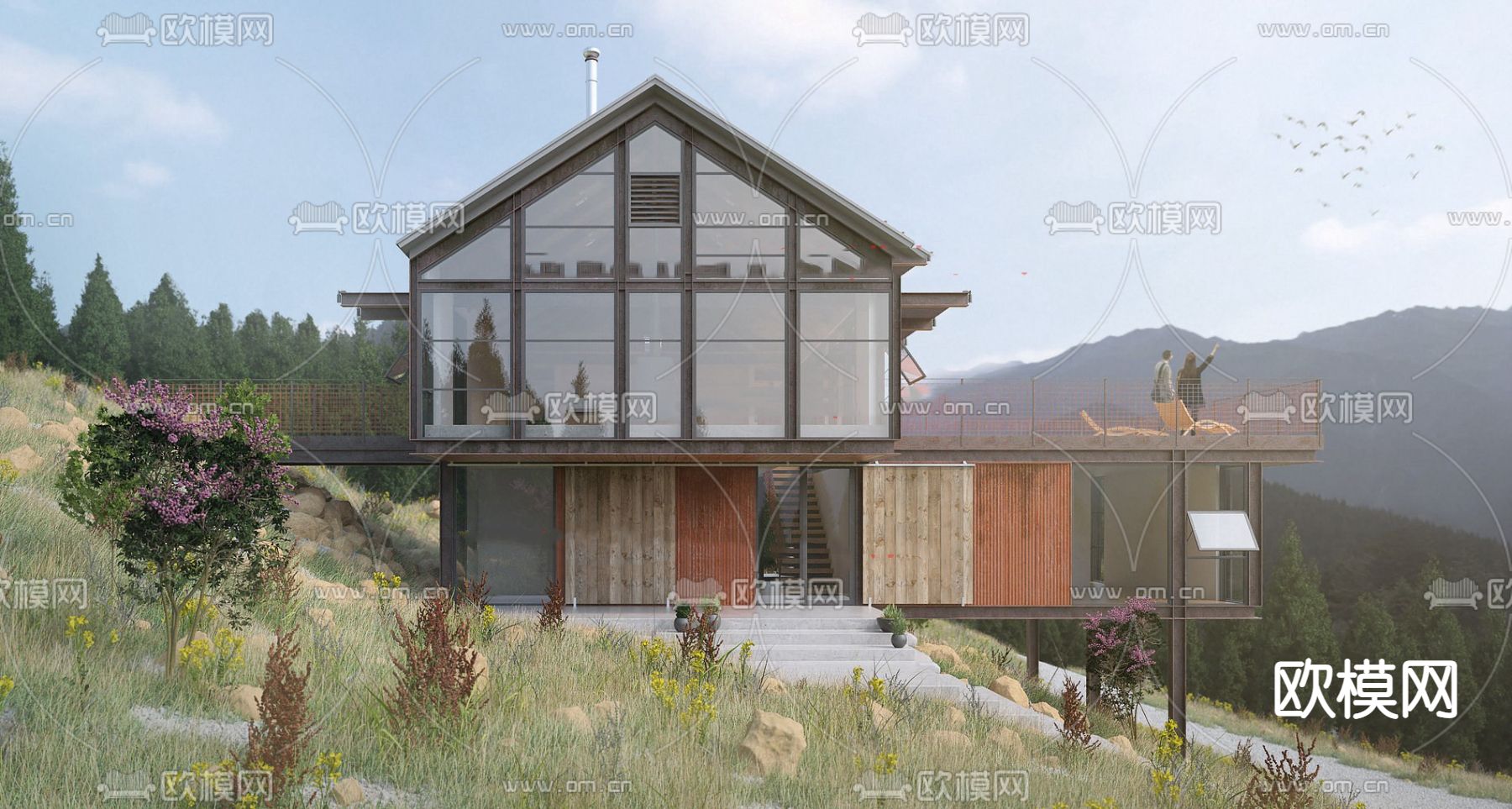 现代民宿山间别墅外观su模型下载（渲染图2）
