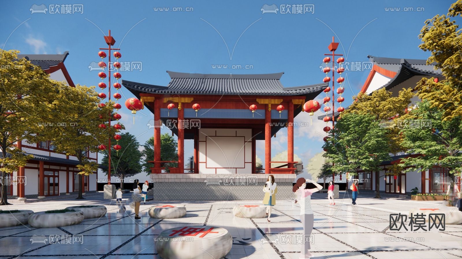 中式戏台古建su模型下载（渲染图1）