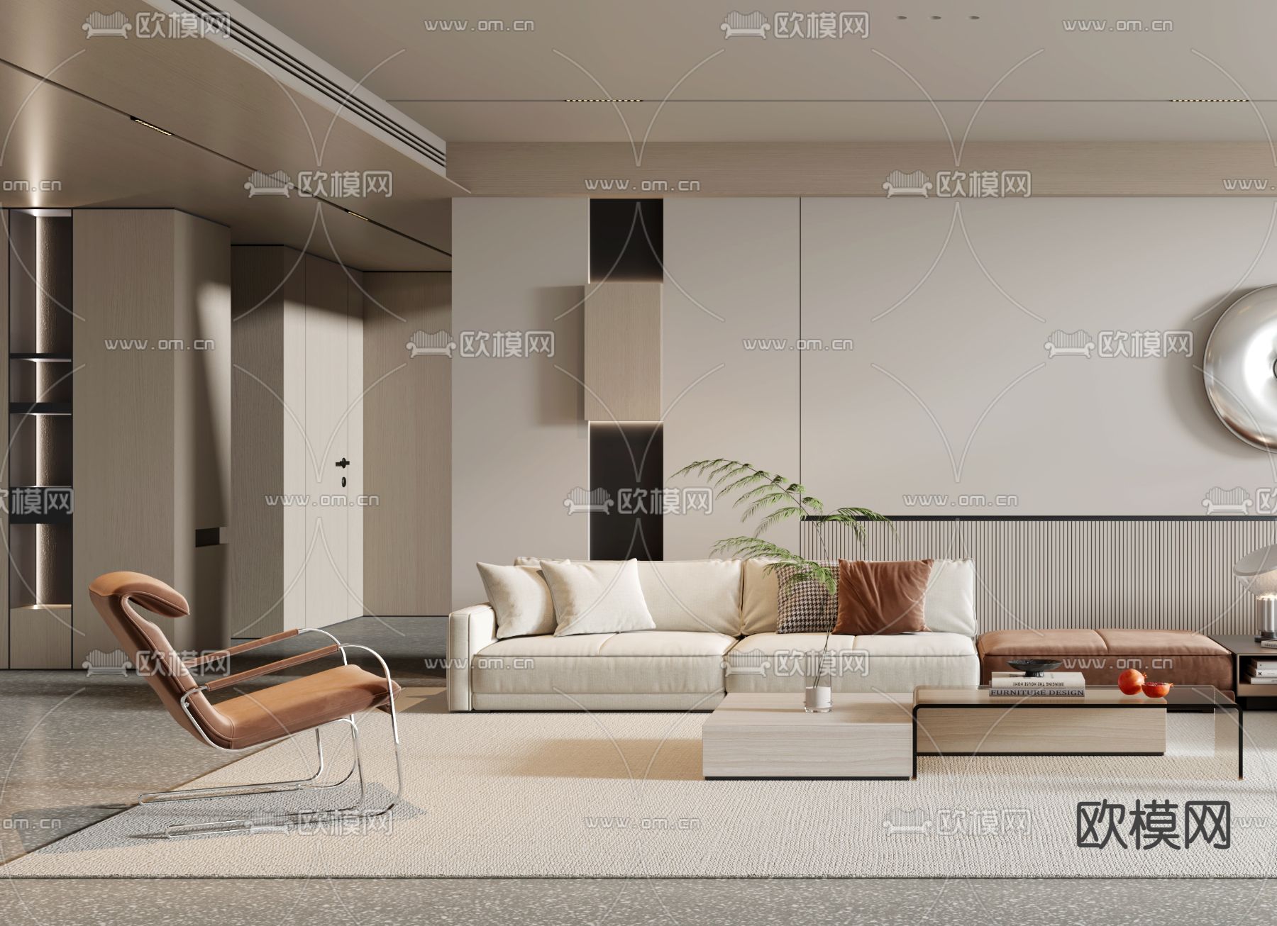 现代奶油风极简客厅3d模型下载（渲染图2）