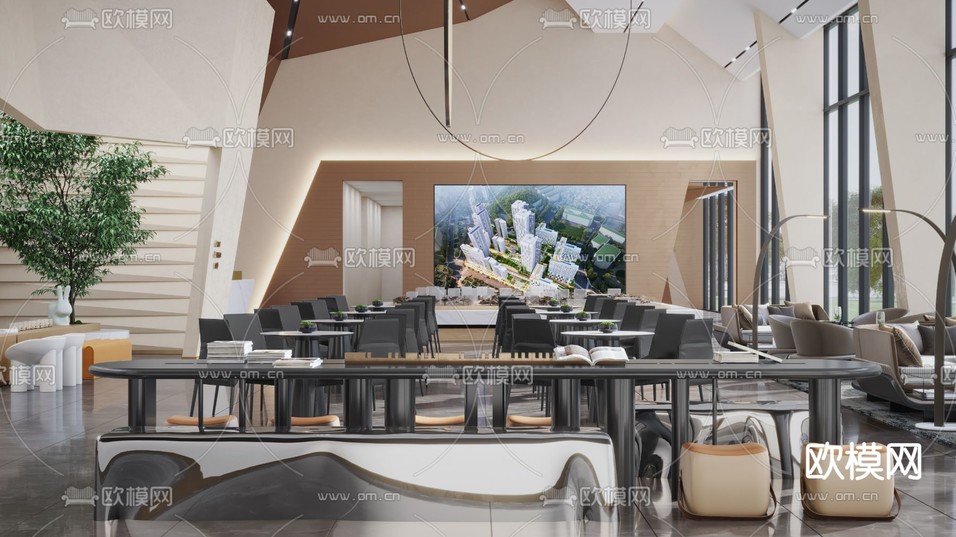 现代轻奢售楼处洽谈区3d模型下载(渲染图2)