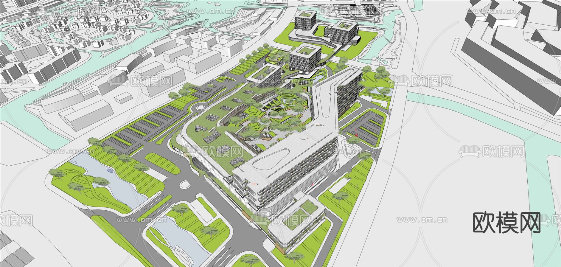 现代医院鸟瞰规划su模型下载（渲染图4）