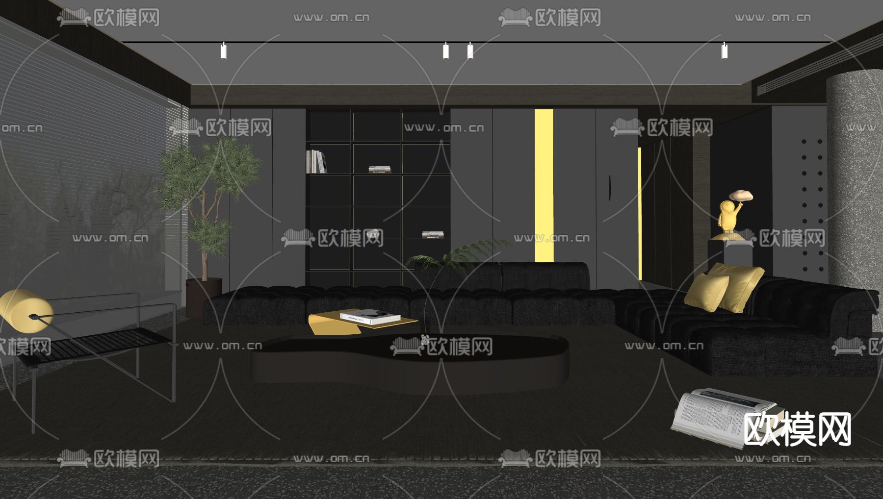 现代高级灰客厅su模型下载（渲染图2）
