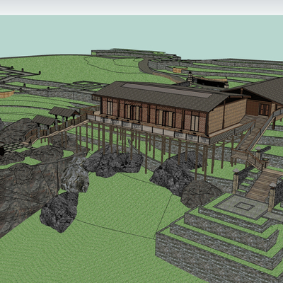  新中式山地民宿建筑su模型 
